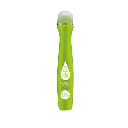 Baby Bright Eye Roller Serum with Aloe Vera and Fresh Collagen in a green tube, designed for refreshing under-eye skincare.