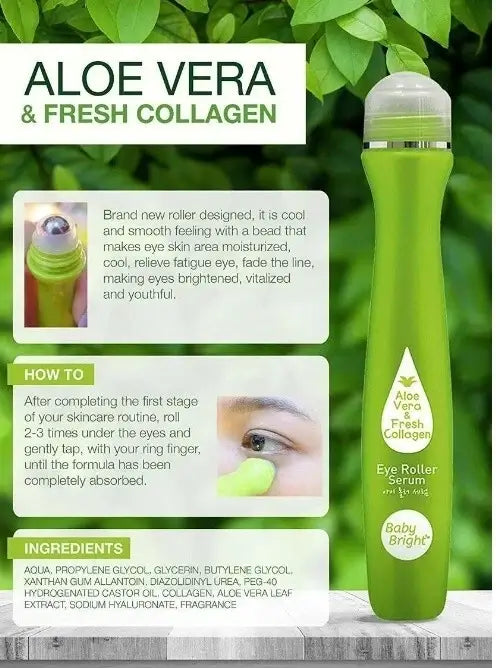 Comprehensive product guide for the Baby Bright Eye Roller, detailing ingredients and usage instructions.
