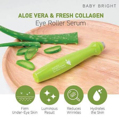 Baby Bright Eye Roller placed next to fresh aloe vera leaves on a wooden plate, with benefit icons.
