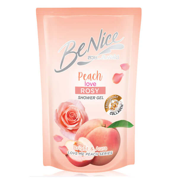 Front view of a Benice Peach Shower Gel refill pouch with peach and rose graphics.