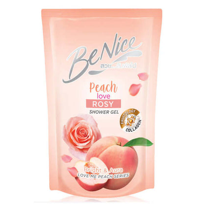 Front view of a Benice Peach Shower Gel refill pouch with peach and rose graphics.