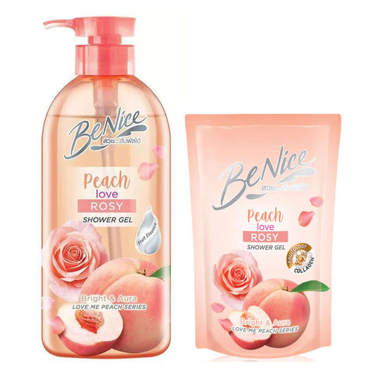 Benice Peach Shower Gel pump bottle alongside a refill pouch on a plain white background.