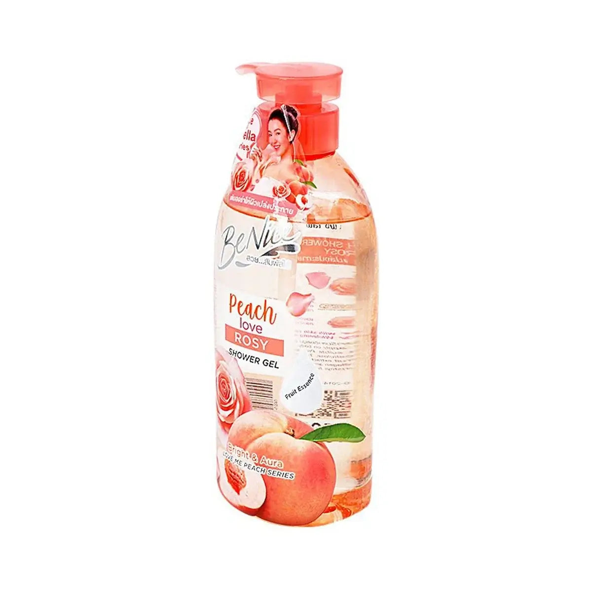 Side angle view of the Benice Peach Shower Gel pump bottle showcasing product packaging details.