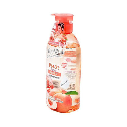 Side angle view of the Benice Peach Shower Gel pump bottle showcasing product packaging details.