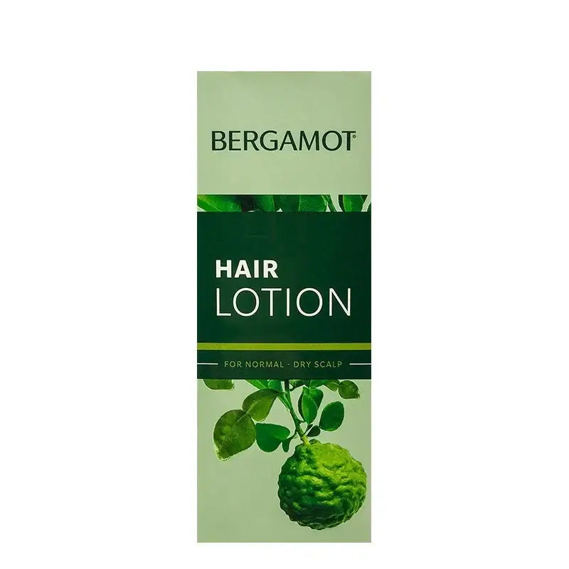 Bergamot Hair Lotion product box front view with kaffir lime design for normal dry scalp