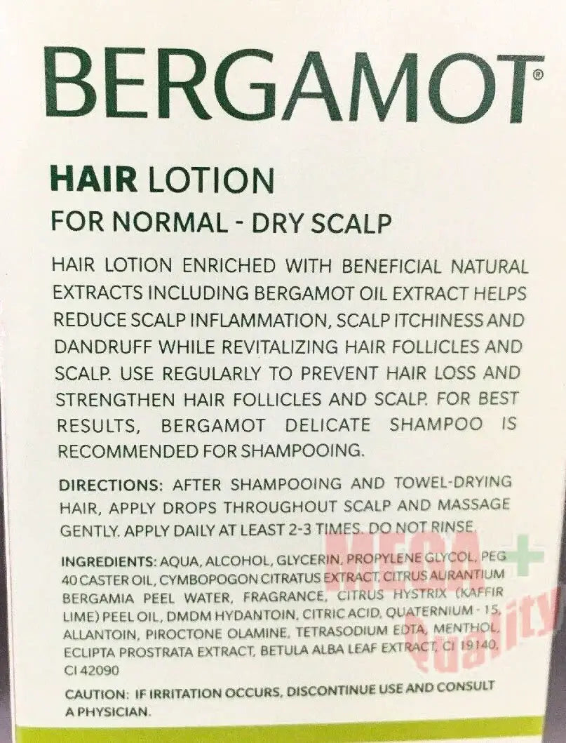 Bergamot Hair Lotion ingredients and directions label for normal dry scalp care
