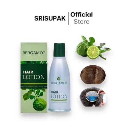Bergamot Hair Lotion for normal dry scalp and healthy hair, featuring product packaging and ingredients.