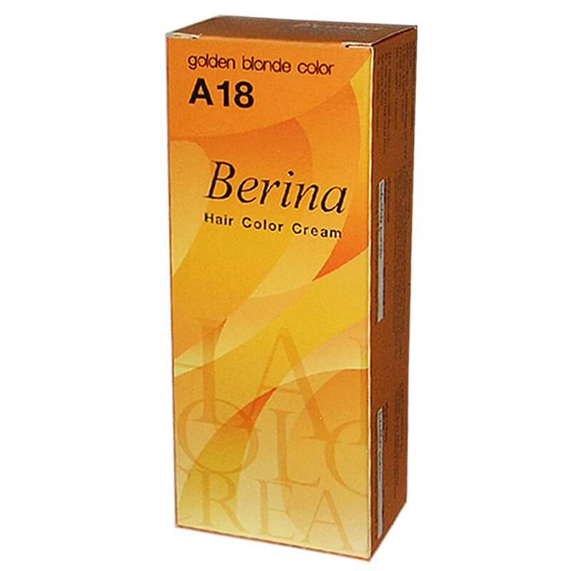 Berina A18 Hair Color Cream packaging for golden blonde hair dye, showcasing vibrant color tones in a 60ml box.