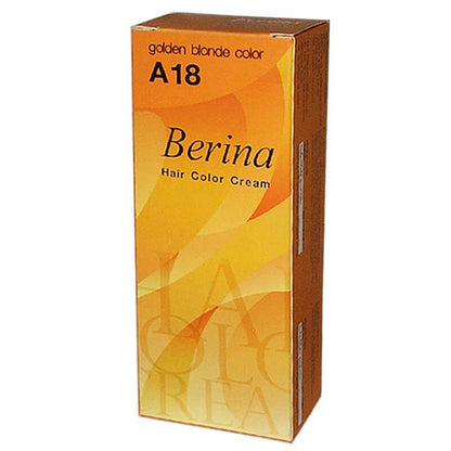 Berina A18 Hair Color Cream packaging for golden blonde hair dye, showcasing vibrant color tones in a 60ml box.