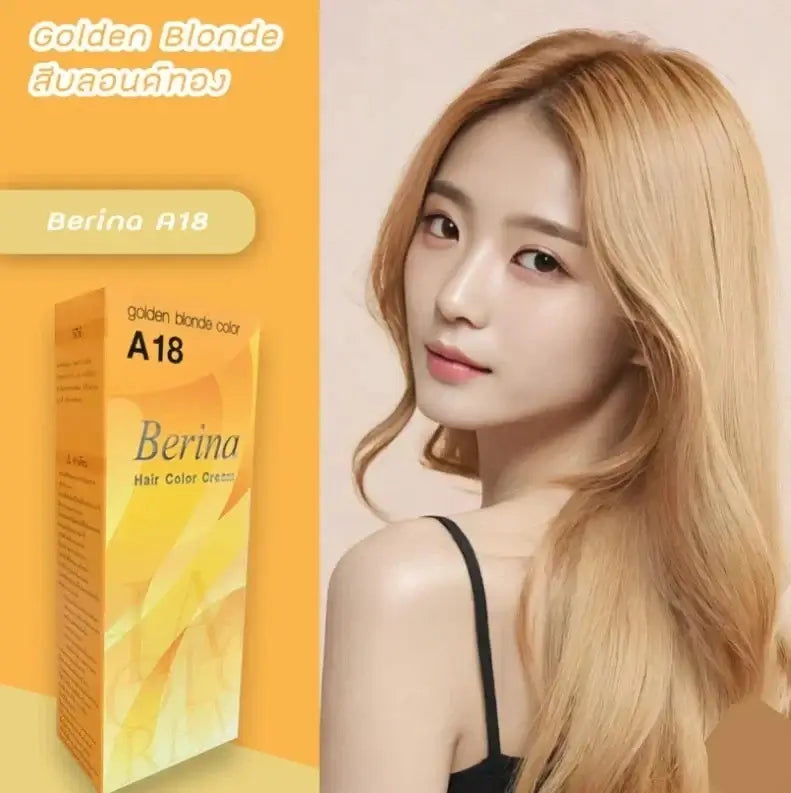 Berina A18 Hair Color Cream packaging with golden blonde hair model showcasing vibrant color.