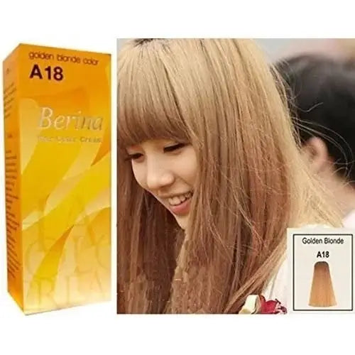 Berina A18 Hair Color Cream packaging with swatch, showcasing Golden Blonde shade for permanent hair dye.