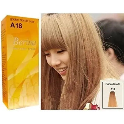 Berina A18 Hair Color Cream packaging with swatch, showcasing Golden Blonde shade for permanent hair dye.