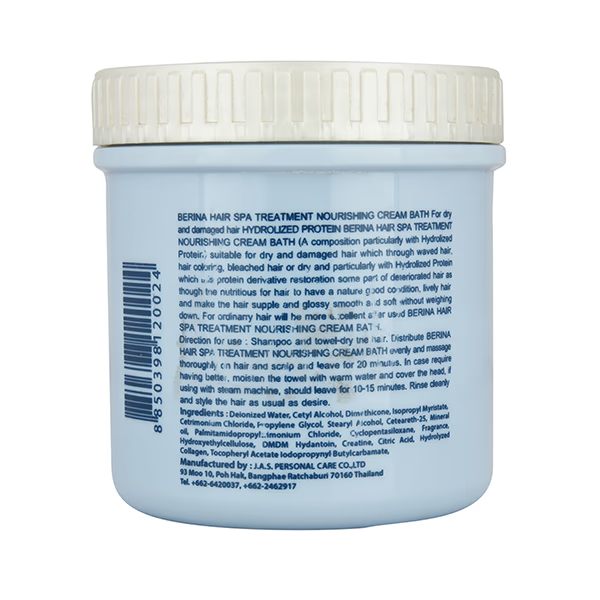 Berina Hair Spa Treatment Nourishing Cream for dry and damaged hair in a blue jar, promoting healthy hair restoration.