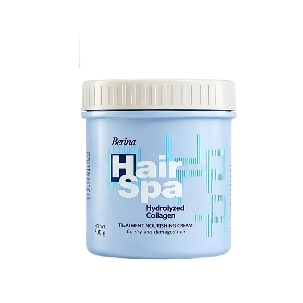 Berina Hair Spa Treatment nourishing cream for rough dry damaged hair in blue container with hydrolyzed collagen, 500g.
