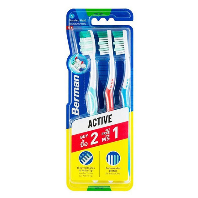 Berman Active Toothbrush Soft Standard Head Pack of 3 with Bi Level Bristles and Active Tip