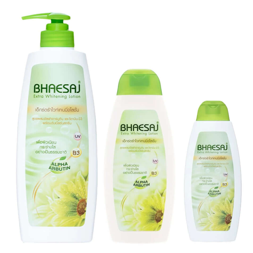 Bhaesaj Arbutin Body Lotion Extra Whitening Vitamin B3 Moisturizer bottles on display