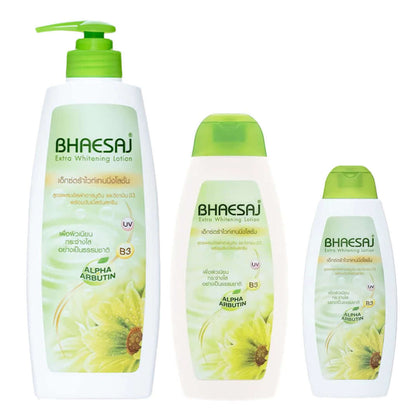 Bhaesaj Arbutin Body Lotion Extra Whitening Vitamin B3 Moisturizer bottles on display