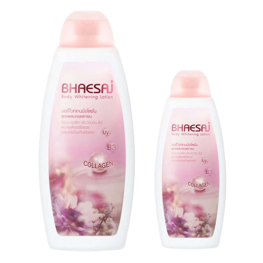 Bhaesaj Collagen Body Lotion Vitamin B3 and UV protection, available in two sizes for skin nourishment.