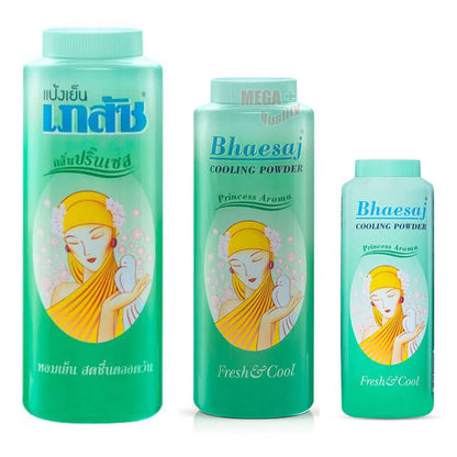 Bhaesaj Cooling Powder Princess Aroma Fresh Cool Body Talcum Powder bottles with floral design.