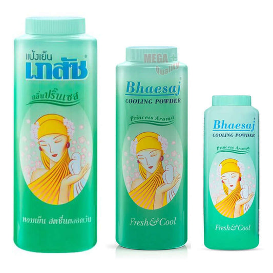 Bhaesaj Cooling Powder Princess Aroma Fresh Cool Body Talcum Powder bottles with floral design.