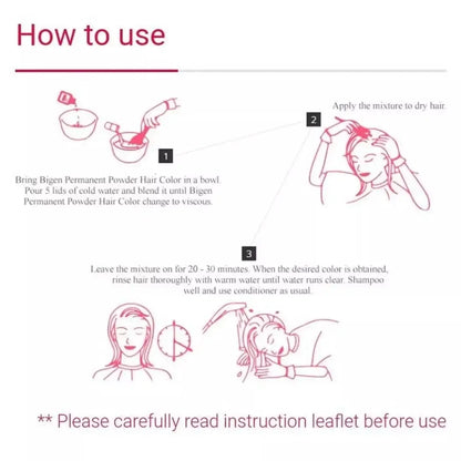 How to use Bigen Powder Hair Color, featuring application steps and instructions for best results.