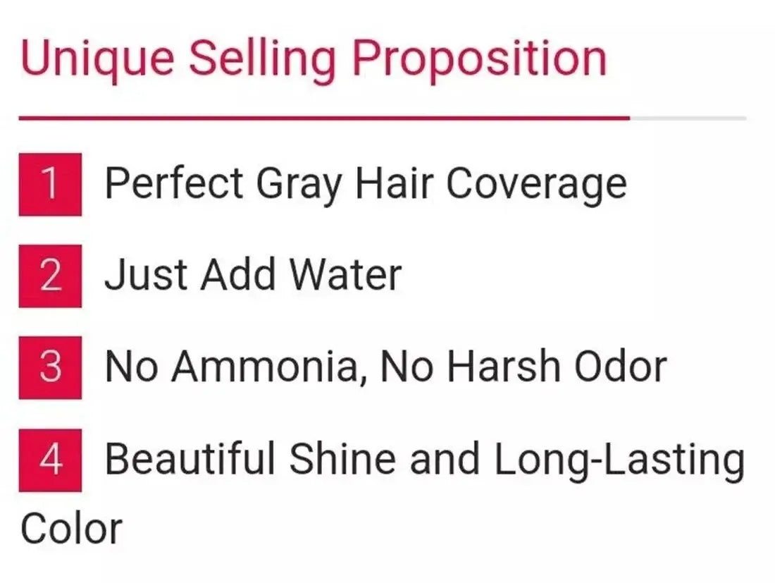 Unique selling propositions for Bigen Powder Hair Color: perfect gray hair coverage, just add water, no ammonia, beautiful shine.