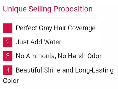Unique selling propositions for Bigen Powder Hair Color: perfect gray hair coverage, just add water, no ammonia, beautiful shine.