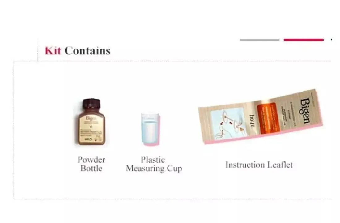 Bigen Powder Hair Color kit contains a powder bottle, plastic measuring cup, and instruction leaflet for easy use.