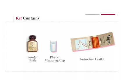 Bigen Powder Hair Color kit contains a powder bottle, plastic measuring cup, and instruction leaflet for easy use.