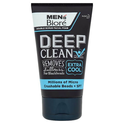 Biore Men Double Scrub Deep Facial Foam Extra Cool Face Wash 100g tube packaging with features highlighted.