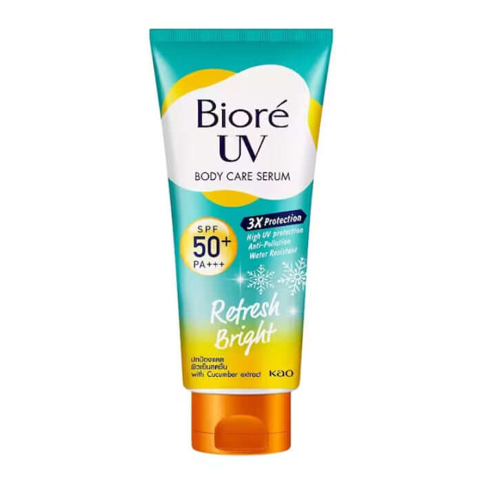 A single tube of Biore UV Body Care Serum 150ml Refresh Bright standing upright against a clean white background.