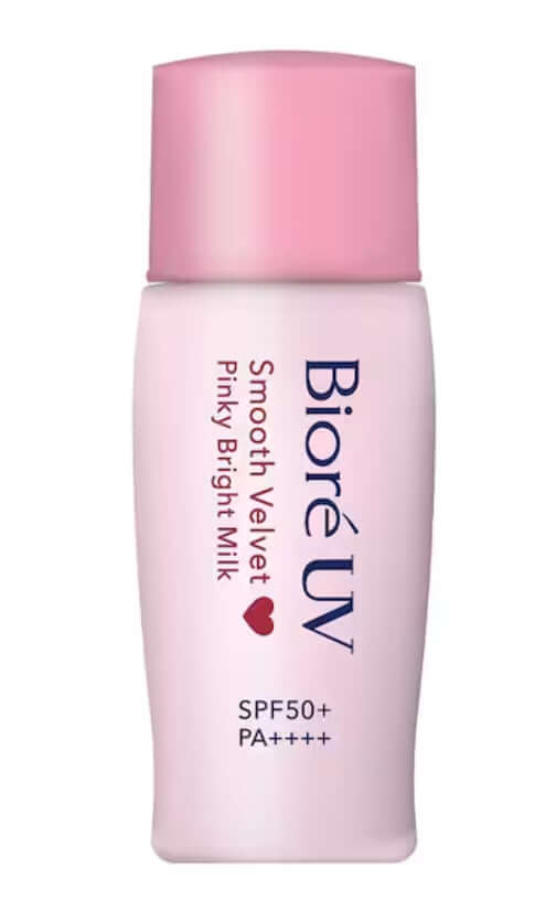 Front view of the Biore UV Smooth Velvet Pinky Bright Milk facial sunscreen bottle with a pink cap.