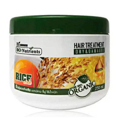 Bio Nutrients Hair Treatment Biowoman for dry damaged hair with keratin and rice extract, 250ml packaging.