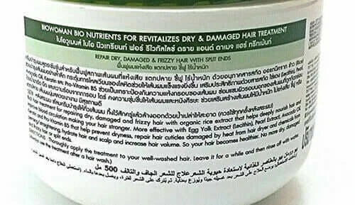 Bio Nutrients Hair Treatment Biowoman for revitalizing dry damaged hair with detailed ingredient information.