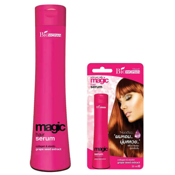 Biowoman Magic Hair Serum product display showing the large 250ml pink bottle and the smaller 30ml carded bottle packaging.