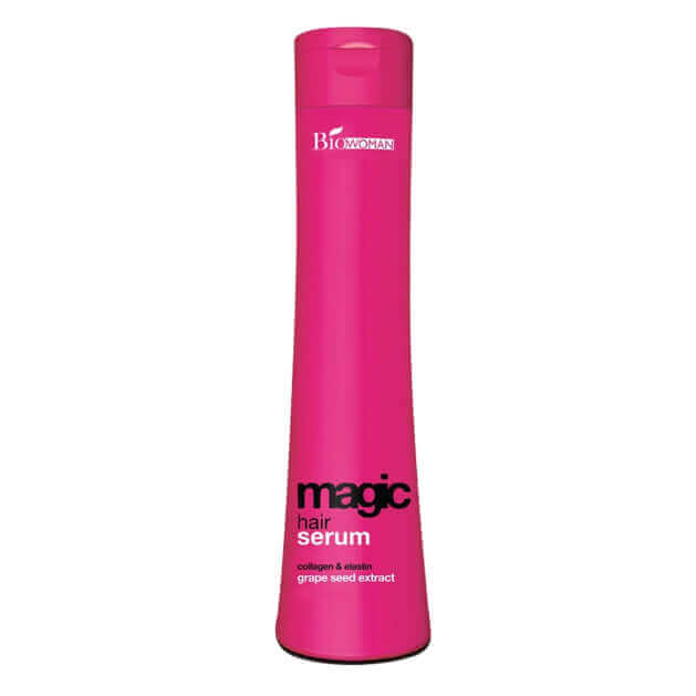 A single, large pink bottle of Biowoman Magic Hair Serum 250ml standing upright against a light background.