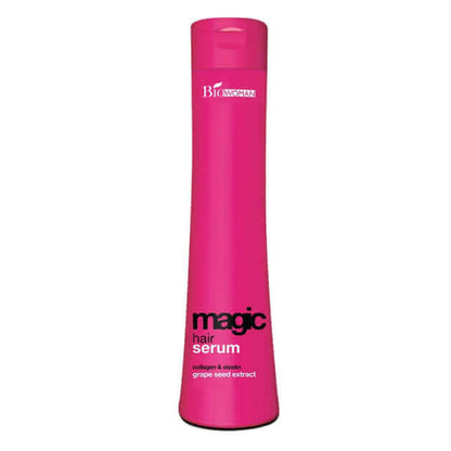 A single, large pink bottle of Biowoman Magic Hair Serum 250ml standing upright against a light background.