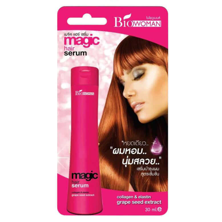 Biowoman Magic Hair Serum 30ml product carded packaging featuring a model with sleek hair and highlights of 'SOFT & SMOOTH' and 'Concentrated Formula'.
