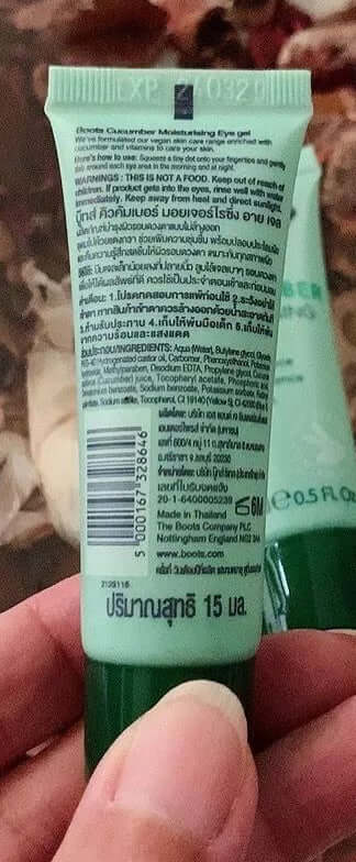 Boots Cucumber Eye Gel 15ml Back Packaging Ingredients Directions and Product Information