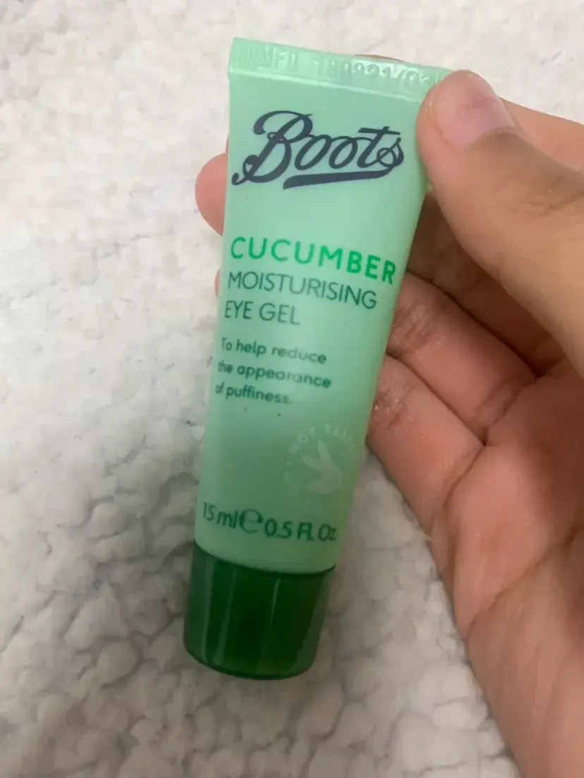 Boots Cucumber Eye Gel 15ml Tube Held in Hand
