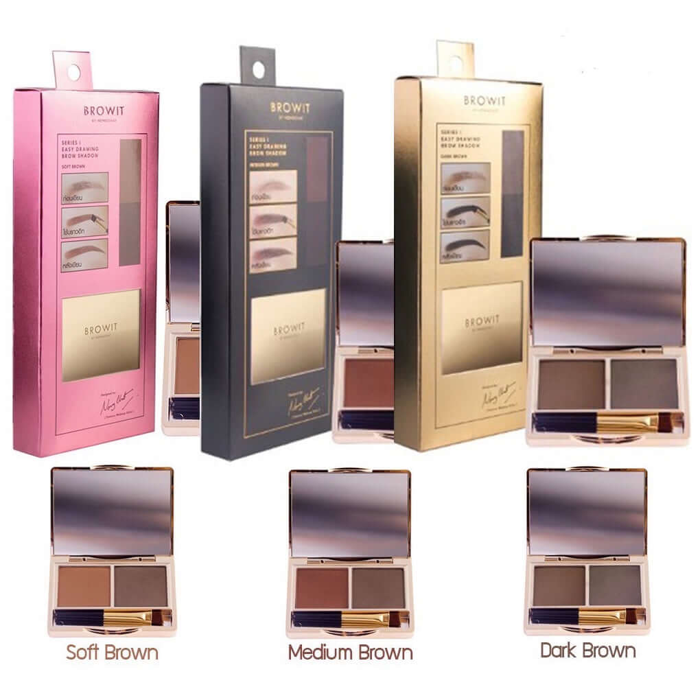 Browit Brow Shadow Series 1 Easy Drawing packages and open compact palettes in Soft Brown, Medium Brown, and Dark Brown shades.