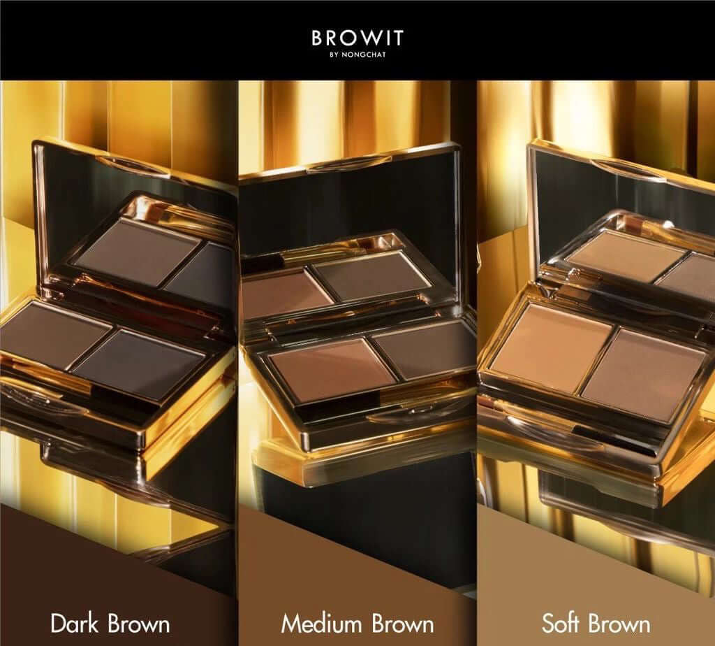 Browit Brow Shadow dual-color eyebrow compact powder palettes featuring Dark Brown, Medium Brown, and Soft Brown shades.
