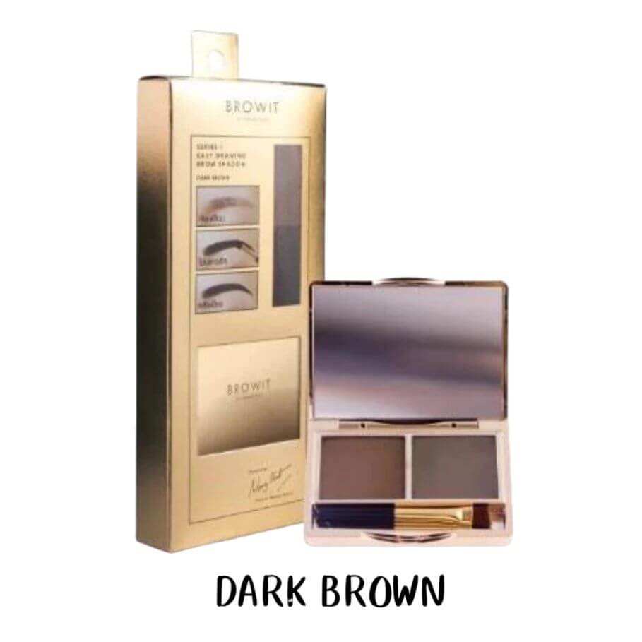 Browit Brow Shadow Dark Brown gold packaging box next to an open compact palette with a mirror and brush.