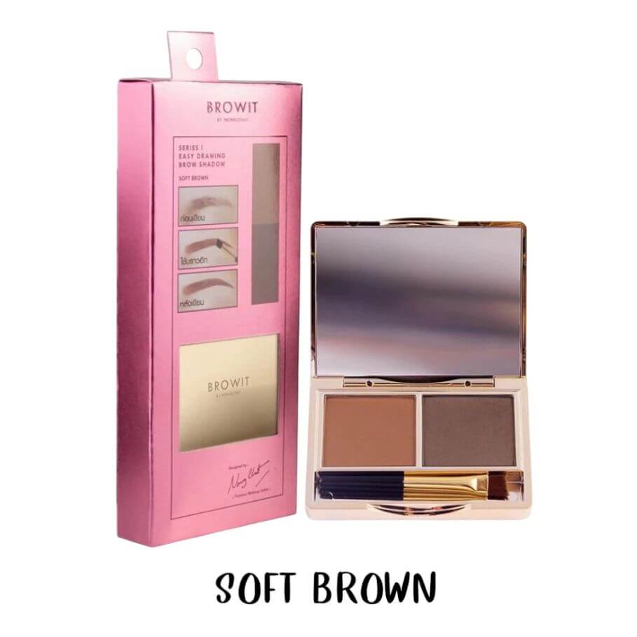 Browit Brow Shadow Soft Brown pink packaging box displayed alongside an open compact palette with a brow brush.