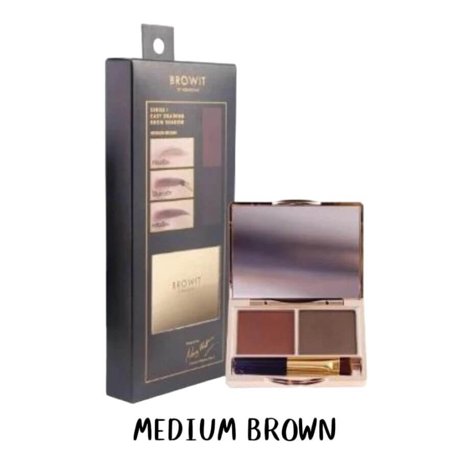Browit Brow Shadow Medium Brown grey packaging box standing next to an open dual-color compact powder palette.