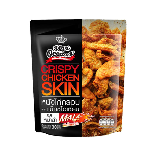 Max Oceans Crispy Chicken Skin Mala Flavor – Spicy crispy fried chicken skin snack, 30g Thai snack packaging
