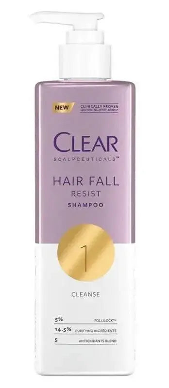CLEAR Hair Fall Resist Scalpceuticals Shampoo Gentle Care Loss 300ml bottle with pump top for hair cleansing.