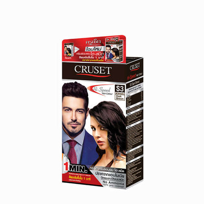 CRUSET Hi Speed Hair Colour cream packaging showcasing no ammonia formula, suitable for quick hair coloring in just 1 minute.