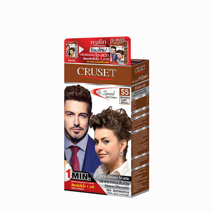 CRUSET Hi Speed Hair Colour Cream No Ammonia packaging featuring a man and woman with styled hair.