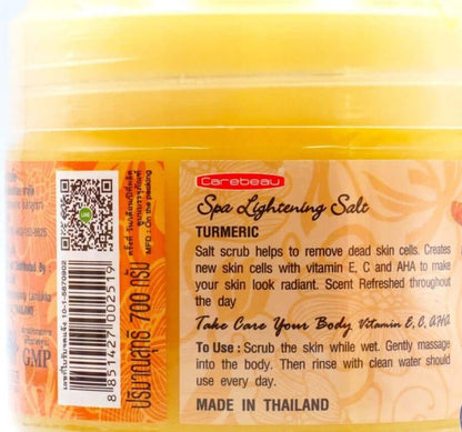 Carebeau Turmeric Spa Salt 700g Turmeric Vitamin E AHA Exfoliating Formula Label
